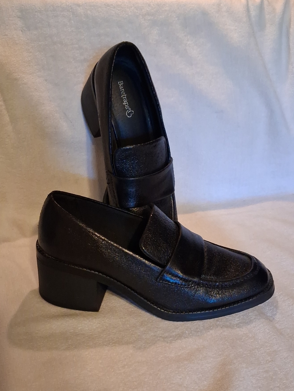 BareTraps Black Leather Block Heel Slip-On Loafers Size 7.5
